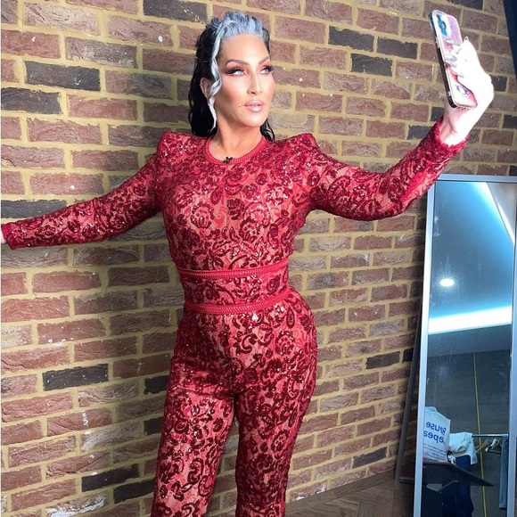 NADINE MERABI Pants - 🚨WORN ON TV🚨NADINE MERABI red sequin pattern bell bottom pant suit size L